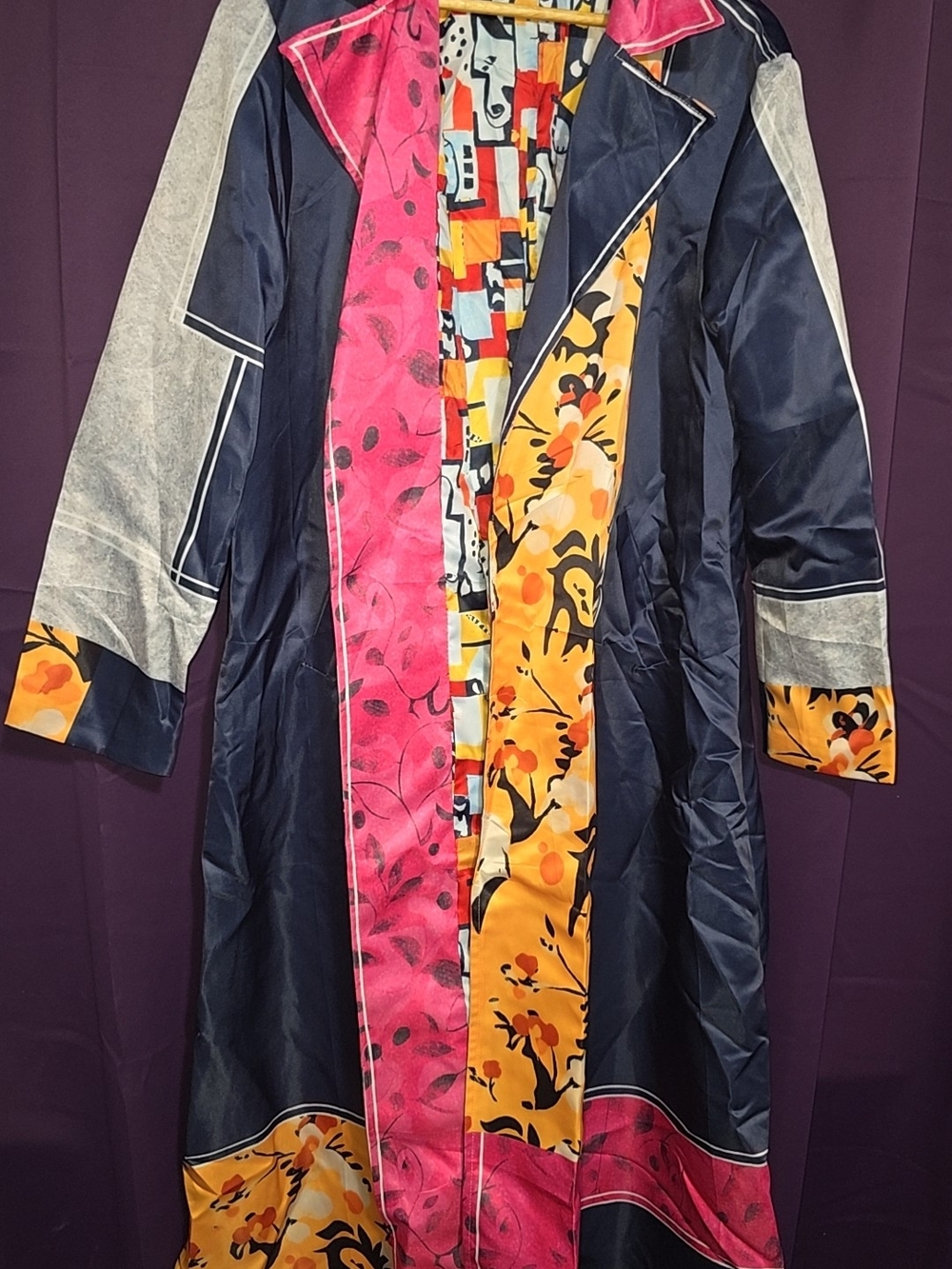 Navy Trench Coat with Pink & Yellow Floral Panels